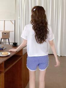 2 件青少年女孩甜美可爱优雅休闲蓝色蝴蝶结装饰圆领短袖上衣和蓝色格子短裤舒适睡衣套装 - 彩色 - 查看 2