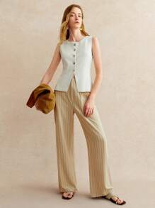 Pariaura 法式复古青春时尚简约日常通勤度假白色罗纹圆领背心不对称金属纽扣侧开衩法式休闲商务开衫女针织上衣适合叠穿或单穿