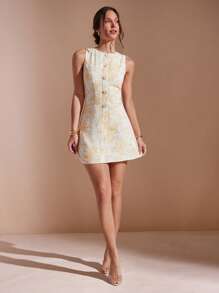 L'Amorae Women's All-Over Print Round Neck Sleeveless Button Front Dress - Multicolor - View 1