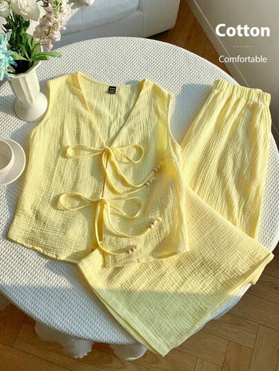 Comfortcana Women's Summer Butter Yellow Linen Tie Front Vest And Trousers Set, Suitable For Daily Wear And Suitable For Vacation Wear
