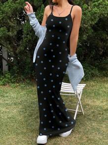 SHEIN EZwear Váy yếm bó sát dài đến đầu gối họa tiết hoa giả màu xanh tối giản giản dị, phù hợp cho mùa hè - Nhiều màu - Xem 3