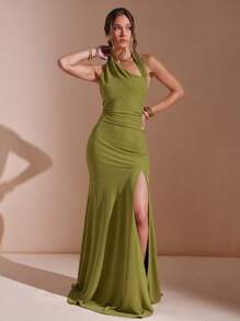 L'Amorae Women Elegant Asymmetrical Maxi Knit Dress With Slit - Green - View 3