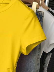 INAWLY 大码女式休闲纯色修身短袖T恤黄色上衣 - 黃色 - 查看 3