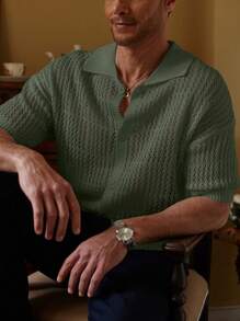 Manfinity Homme Suéter de punto casual con botones para hombres con patrón de rayas de dos tonos - Verde Oliva - Ver 7