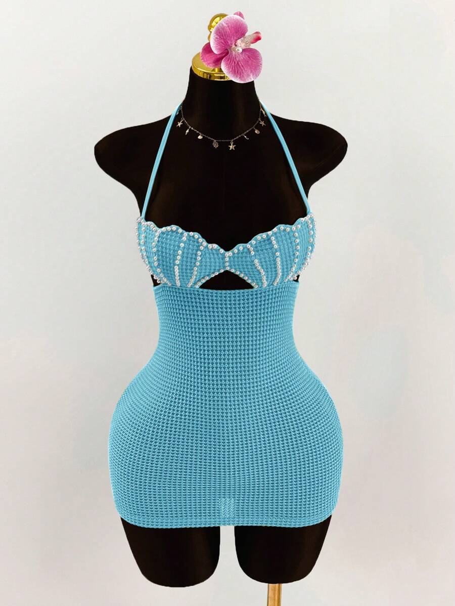 Amplova 珍珠贝壳挂脖露背迷你紧身连衣裙