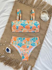 Swim Vcay Conjunto de bikini de 2 piezas con decoración de conchas marinas, estilo halter y cintura alta, para vacaciones en la playa, disponible en varios colores para mujeres