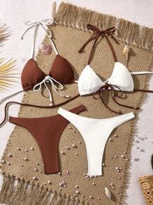SHEIN Swim 4件組女款夏季海灘純色雙色掛脖繫帶性感比基尼泳衣套裝，適用海灘、泳池、休閒派對度假，春/夏 - 彩色 - 查看 1