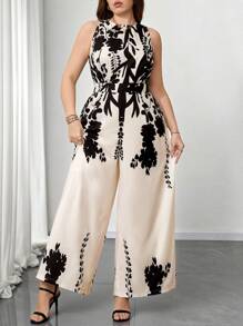 SHEIN Clasi 加大码全身印花圆领无袖优雅连体裤，适合夏季女士夏季服装