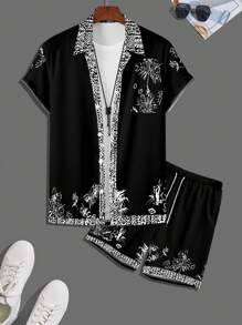 Manfinity RSRT Set de 2 piezas camisa de manga corta casual y pantalón corto con cordón para hombre