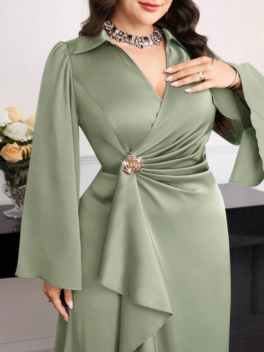 Modelyn Đầm thanh lịch cổ loe tay lỡ họa tiết hoa kim loại cỡ lớn cho nữ - màu xanh lá - Xem 1