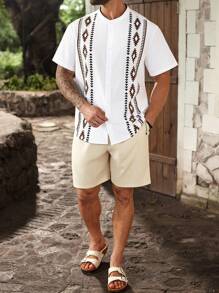 ResortEase Plus Size Men's Geometric Print Short Sleeve Shirt Men Short Sets Vacation Mens Resort Wear Greece Vacation Outfit Men