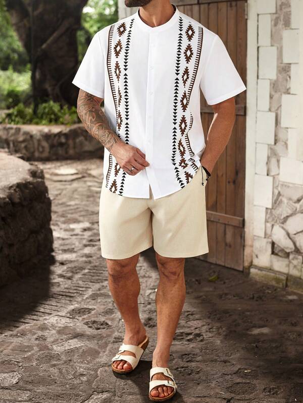 ResortEase Plus Size Men's Geometric Print Short Sleeve Shirt Men Short Sets Vacation Mens Resort Wear Greece Vacation Outfit Men