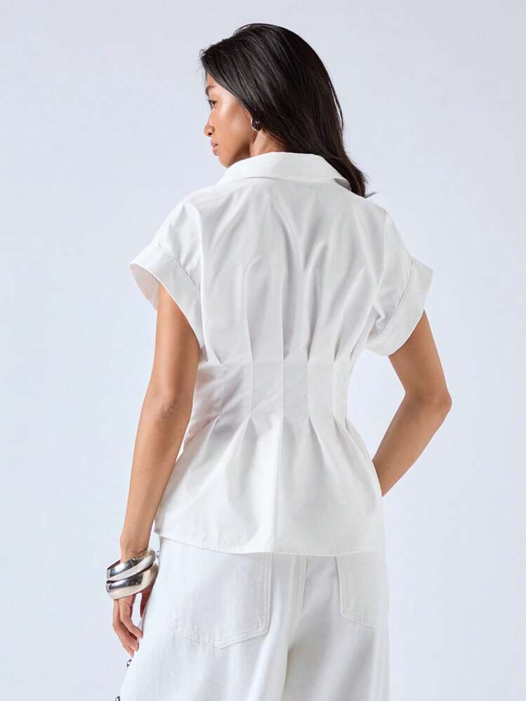 LYSMO Women's White Waist Tailored Metal-Decorated Belt Versatile Summer Shirt For Commuting - White - View 2