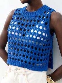 Maija 2026 Spring & Summer Outfits Solid Color Round Neck Side Slit Short Hollow See-Through Knitted Klein Blue Blouse, Vacation Style Women Clothes, For Outdoor Wear Sheer Top,Beach Outfit For Women,Vacation Outfits Women - Royal Blue - View 7