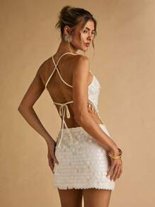 SHEIN BAE 女士白色串珠闪光亮片流苏下摆系带露背优雅吊带背心，秋季女装，乡村音乐会，短款上衣，白色上衣，度假上衣，俱乐部女士性感，西部服饰 - 白色 - 查看 2