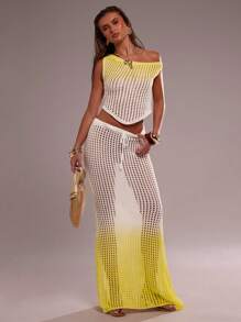 SHEIN BAE Women's White And Yellow Asymmetric Neck Strapless Knit Tops,Slouchy Boho Summer Casual Resort Woolen Knit,Street Wear Vacation Holiday - Multicolor - View 8