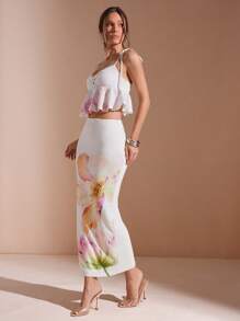 L'Amorae 女士水彩花卉华夫格针织印花两件套服装