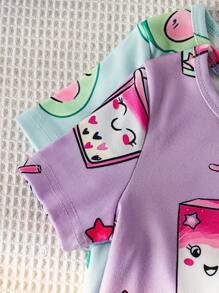Girls School Style Allover Print Short Sleeve & Shorts 2pcs Sleepwear Set - Multicolor - View 3