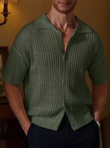 Manfinity Homme Suéter de punto casual con botones para hombres con patrón de rayas de dos tonos - Verde Oliva - Ver 2