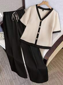 SHEIN CURVE+ 2 pièces Ensemble affaires/décontracté grande taille pour femmes, top à manches courtes coupe ample et pantalon à jambes larges - Multicolore - Voir 1