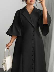 Modelyn Vestido elegante de talla grande para mujer de verano, de unicolor, con cuello de solapa, abotonadura única y mangas acampanadas - Negro - Ver 1