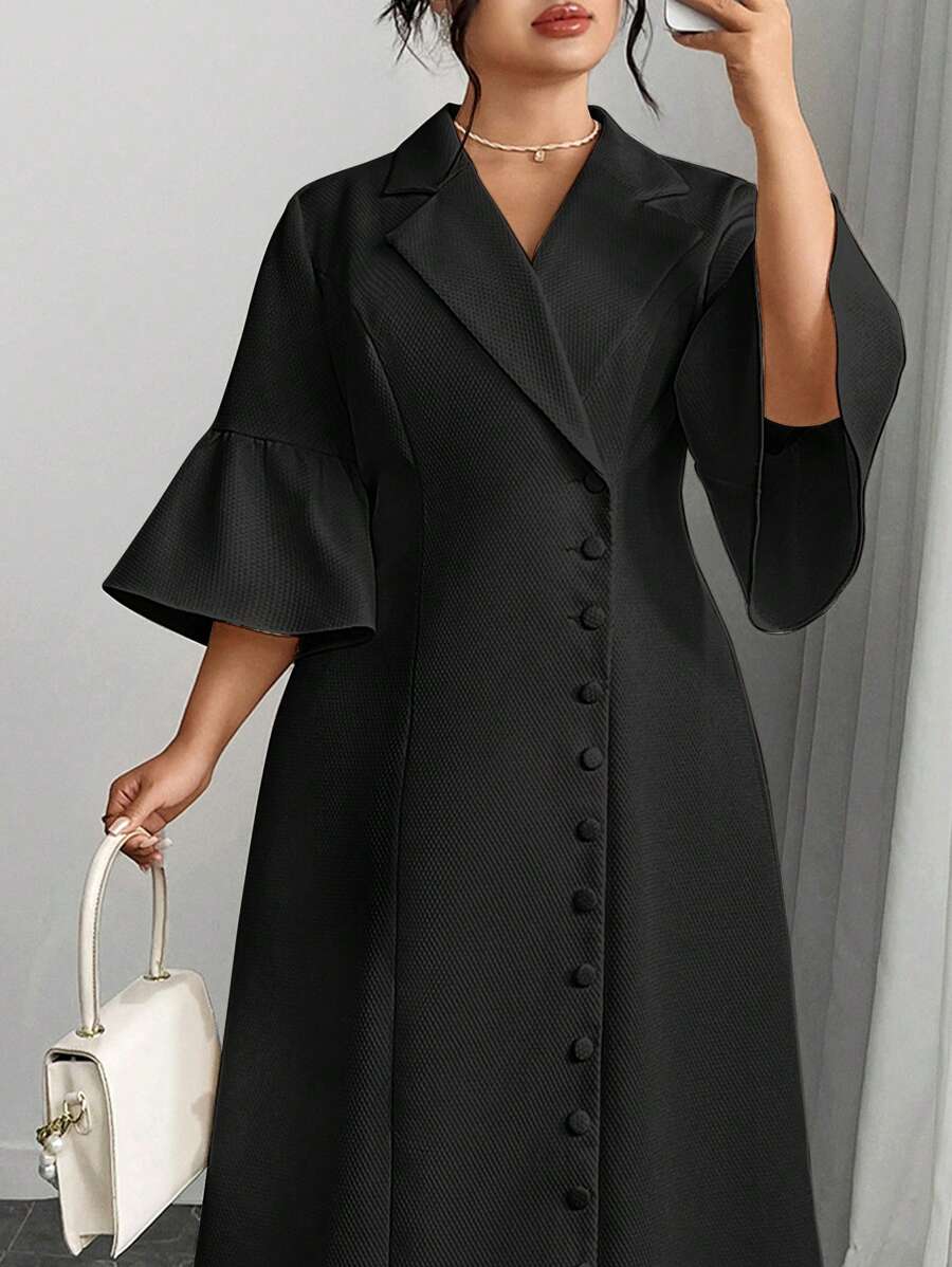 Modelyn Vestido elegante de talla grande para mujer de verano, de unicolor, con cuello de solapa, abotonadura única y mangas acampanadas - Negro - Ver 1