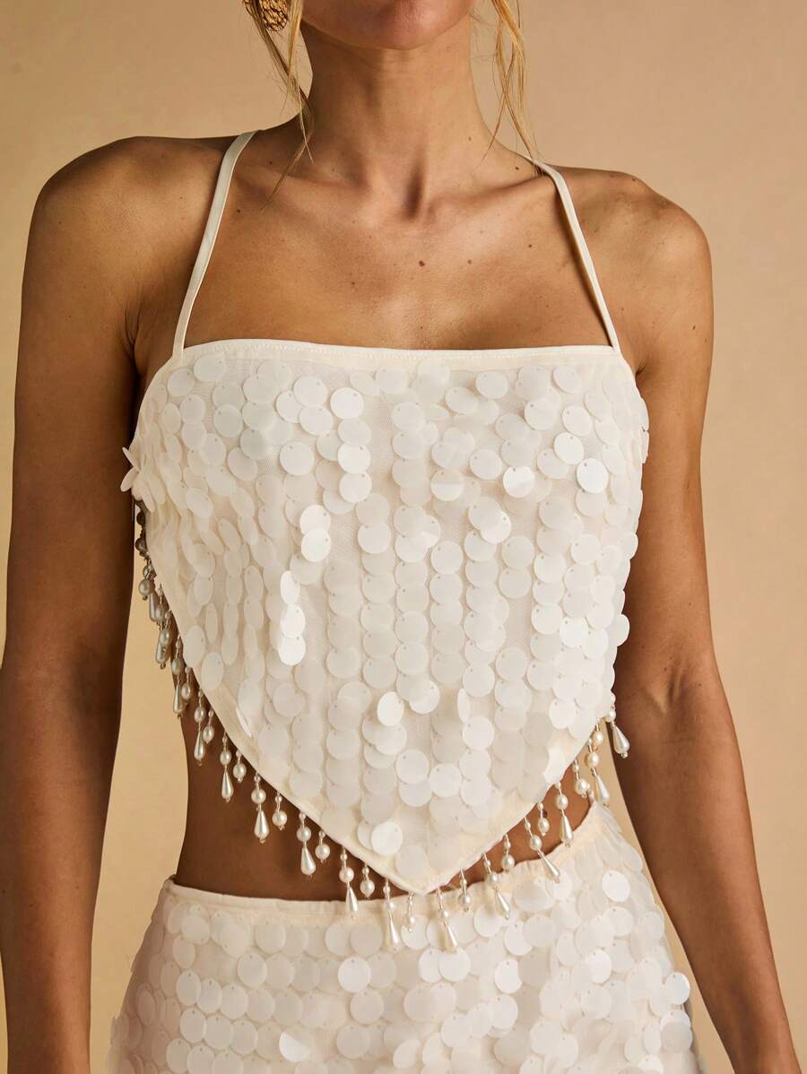 SHEIN BAE 女士白色串珠闪光亮片流苏下摆系带露背优雅吊带背心，秋季女装，乡村音乐会，短款上衣，白色上衣，度假上衣，俱乐部女士性感，西部服饰 - 白色 - 查看 1