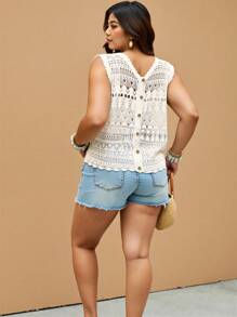 SHEIN Frenchy Top de punto sin mangas con apertura en la espalda y botones decorativos para mujer de talla grande, para el verano - Beis - Ver 6