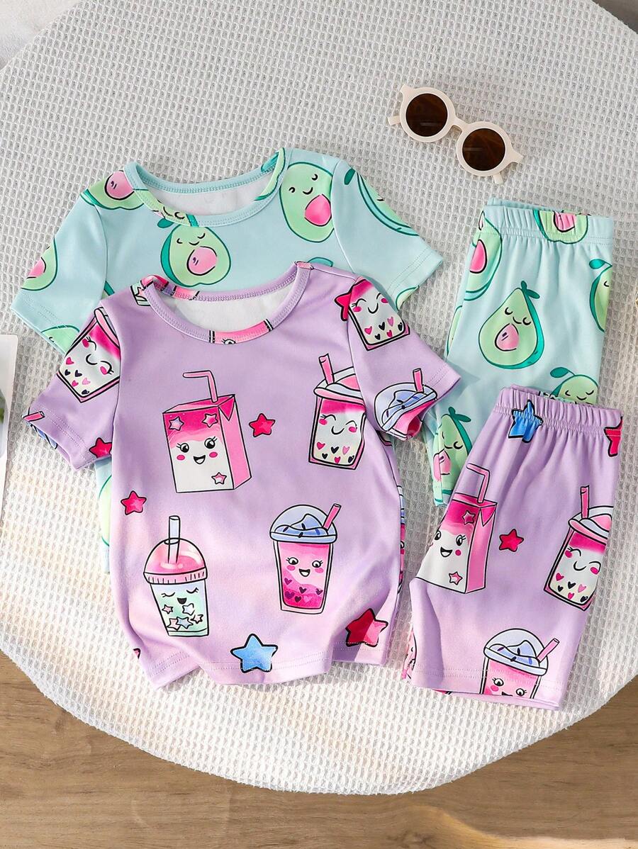 Girls School Style Allover Print Short Sleeve & Shorts 2pcs Sleepwear Set - Multicolor - View 1