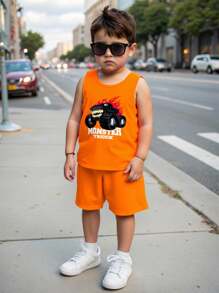 SHEIN 2pcs Fashion Monster/Cartoon Print Short Sleeve T-Shirt & Shorts Set, Casual Look For Young Boys In Summer