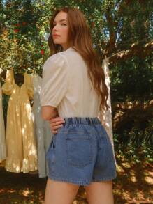 WESTFADE 高腰抽绳腰部宽松 A 字形棉混纺牛仔短裤乡村西部女牛仔风 - 中等水洗藍 - 查看 2