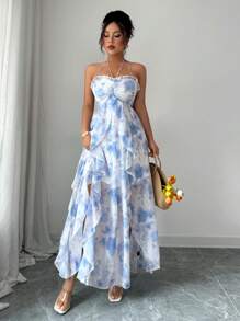 Elenzga 女式优雅度假无袖不对称下摆开衩 A 字形连衣裙，春夏