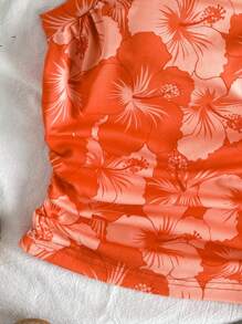 少女度假风芙蓉印花露背抽绳修身吊带背心，时尚无袖上衣，适合春夏派对、下午茶、海滩、邮轮等场合。 - 珊瑚橙 - 查看 5