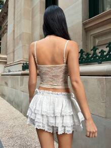 SHEIN EZwear Women's White Ruffled Elastic Waist Wide Leg Shorts - White - View 4