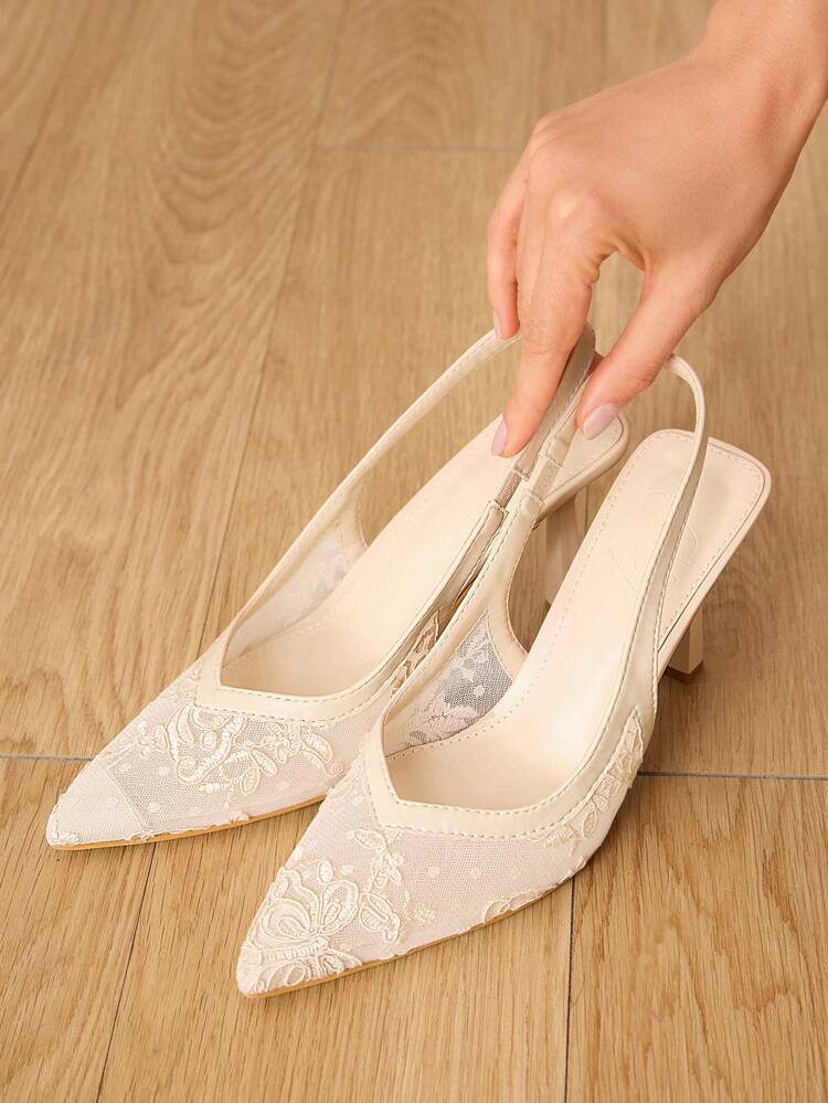 CUCCOO HITCHD Pointed Toe Thin Heel Apricot Lace & Mesh Elegant Wedding Party Women High Heel Backless Pumps For Christmas Elegant Shoes Wedding Shoes Summer Shoes Bride Shoes