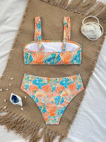 Swim Vcay Conjunto de bikini de 2 piezas con decoración de conchas marinas, estilo halter y cintura alta, para vacaciones en la playa, disponible en varios colores para mujeres