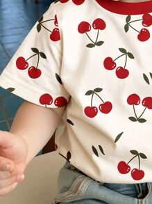 SHEIN 年轻女孩可爱迷你樱桃印花“樱桃女孩”休闲简约圆领短袖T恤，适合夏季 - 彩色 - 查看 4