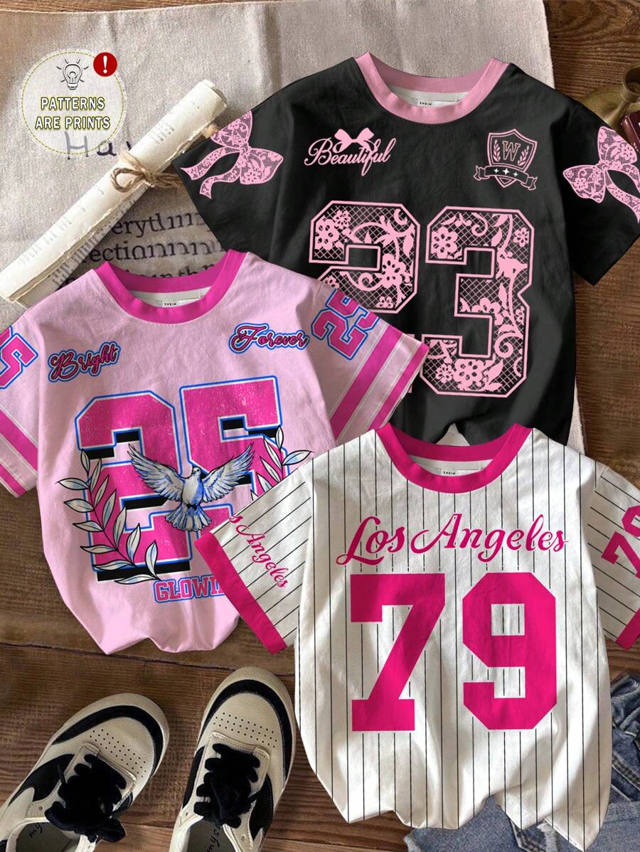 青少年女孩 3 件套，休闲时尚运动衫风格，学院风，甜美运动，针织短袖圆领 T 恤套装，适合夏季运动休闲，快乐的孩子，蝴蝶，夏季 - 彩色 - 查看 1