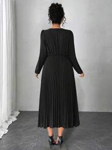 Elenzga 女士加大码甜心领单排扣褶皱长袖连衣裙，适合夏季 - 黑色 - 查看 2