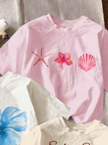 SHEIN 3 件套 Tween Girls Chill Vacation 热带芙蓉花、鸡蛋花、海星、珍珠贝壳海滨图案圆领短袖 T 恤，休闲简约，适合夏季度假，白色、米色、浅粉色 - 彩色 - 查看 4