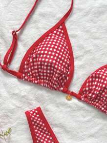 Swim Mod Set de 2 piezas Bikini con shorts de baño de mujer de verano con estampado de cuadros, decoración de metal y tirantes finos, traje de baño para vacaciones en la playa