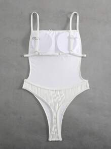 Swim Vcay 1pc Solid Color Ribbed Fabric Spaghetti Strap Seashell Decor One-Piece Swimsuit, Summer Beach - White - View 5