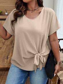 Plus Size Short Sleeve Blouse With Knot Detail BASICS - Apricot - View 1
