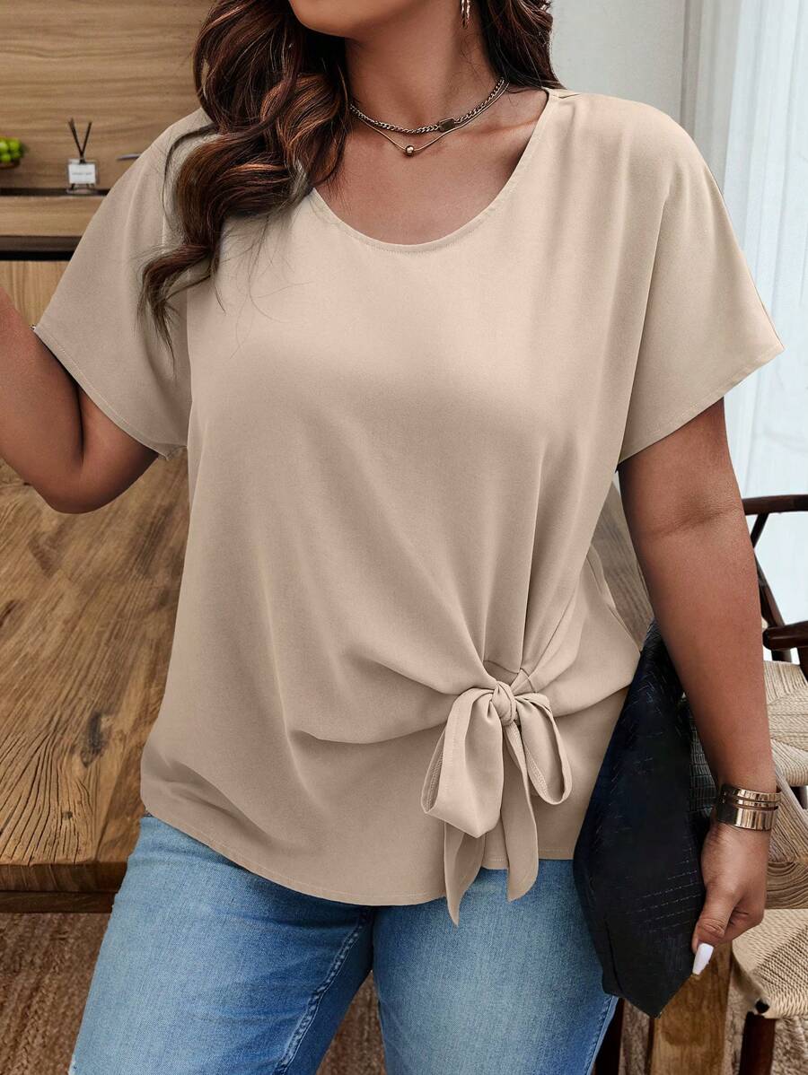 Plus Size Short Sleeve Blouse With Knot Detail BASICS - Apricot - View 1
