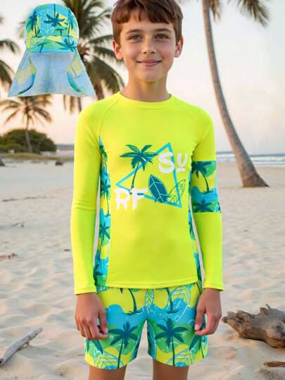 SHEIN 3pcs/Set Tween Boys' Casual Versatile Printed Pattern Round Neck Pullover Short Sleeve Swimsuit & Swim Trunks Set Boys Swimwear,Boys Swim Trunks,Boys Swim Set Boys Swim Rash Guard Set Long Sleeve Boys Swimsuit Boys Beachwear Set Toddler Boys Rash Guard Kids Swim Shirt Set