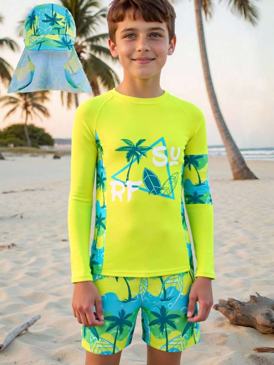 SHEIN 3pcs/Set Tween Boys' Casual Versatile Printed Pattern Round Neck Pullover Short Sleeve Swimsuit & Swim Trunks Set Boys Swimwear,Boys Swim Trunks,Boys Swim Set - Green - View 1