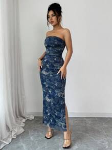 Rafferiza 女式复古印花褶饰紧身网眼连衣裙