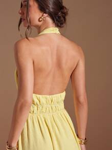 L'Amorae 女式露背波浪边褶皱细节纹理面料开衩上衣 - 黃色 - 查看 2