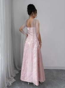 Elenzga Summer Vacation Bohemian Jacquard Mesh A-Line Midi Dress - Pink - View 2