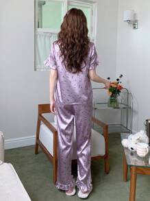 Set da pigiama da 2 pezzi con top a maniche corte e pantaloncini, con stampa floreale delicata e viola, adatto per ragazze e ragazze adolescenti, comodo e casual, ideale per l'uso quotidiano - Viola - Visualizzare 2